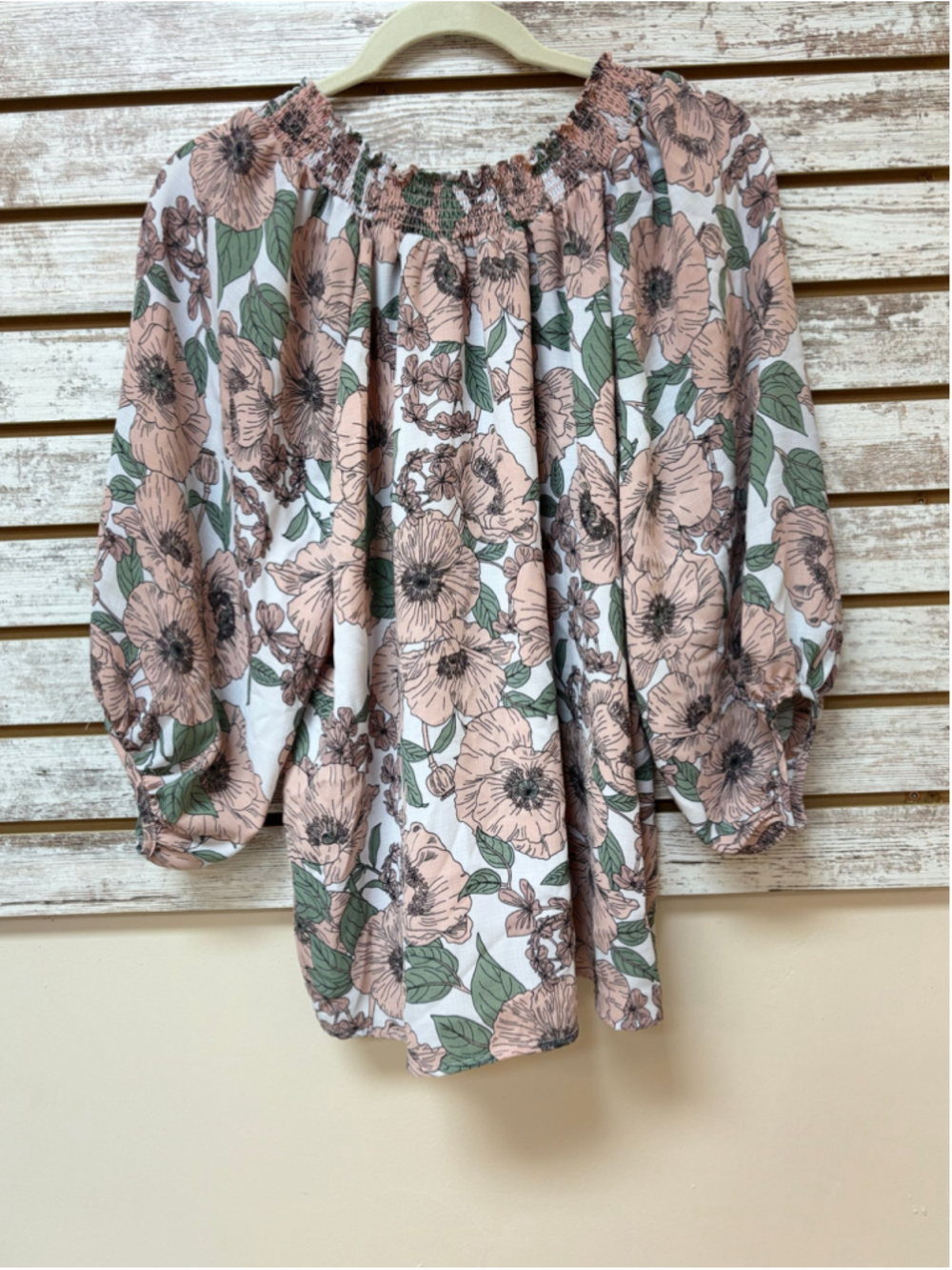 Adrienne Vittadini Floral Smocked Neck Blouse Pink Green XL